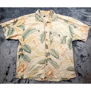 Tommy Bahama Shirt Mens Large Cream/Green Floral 100% Silk Beach Travel Hawaiian